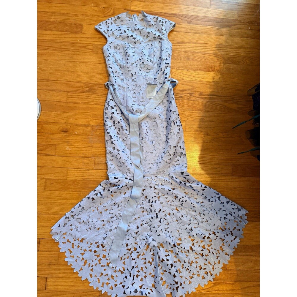 Chi Chi London Blue Floral Lace Maxi Dress Belted Zip Short Sleeve US 4